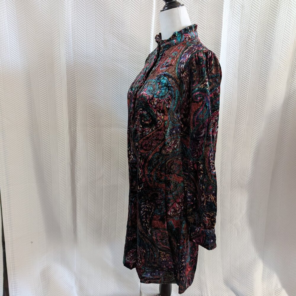 Icone Simons Velvet Paisley Tunic Dress High Collar Jewel Tone XS Boho Retro